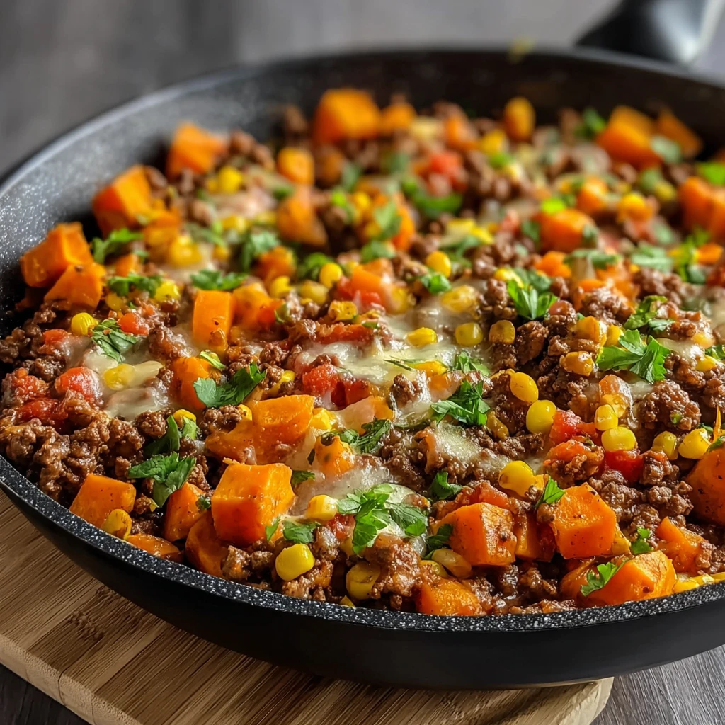 Create a Flavor-Packed Cheesy Tex-Mex Ground Beef & Sweet Potato Skillet Tonight!