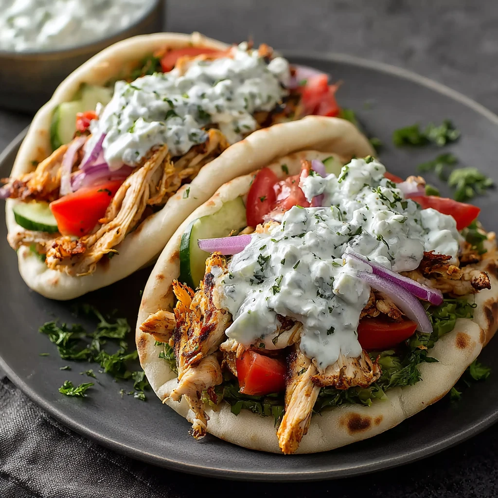 Crockpot Greek Chicken Pitas with Tzatziki